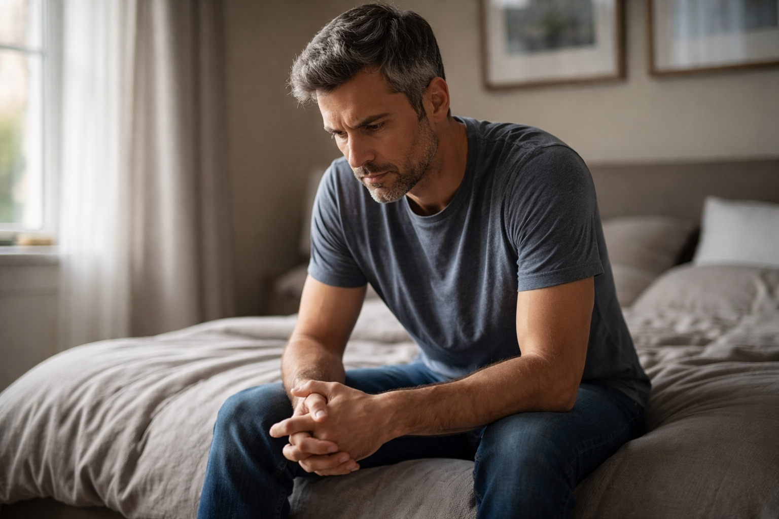 Man sitting on a bed looking frustrated and reflective about his performance